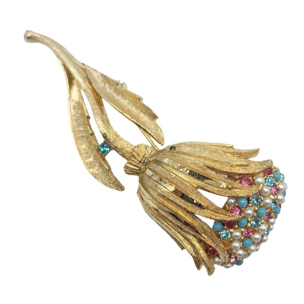 Vintage BSK Rhinestone‎ Flower Brooch Pink Blue Faux Pearls Floral Pin Signed